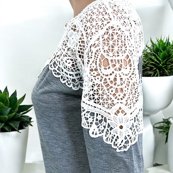 Heather Gray Plain Lace Long Sleeve Crew Neck T-Shirt - Picture 9 of 16
